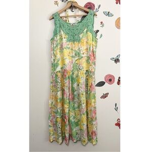 Vintage Green and Yellow Floral Midi Dress